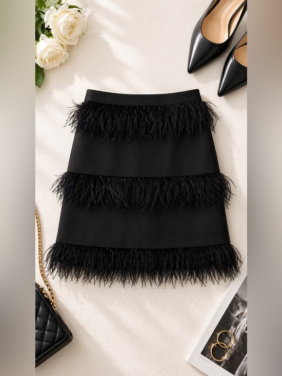 Elliatt Dresses & Skirts - Elliatt Neiman Marcus Coco Feather Trimmed Black Mini Skirt Size M High Waist